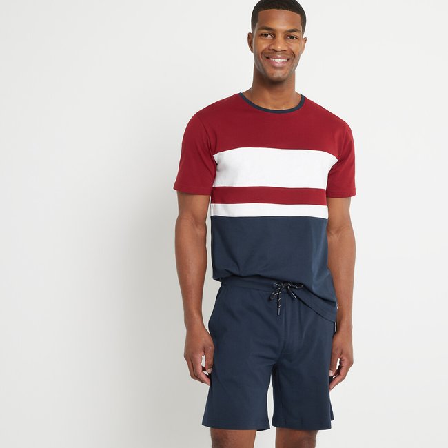 Short Pyjamas with Crew Neck T-Shirt, navy blue/red, LA REDOUTE COLLECTIONS