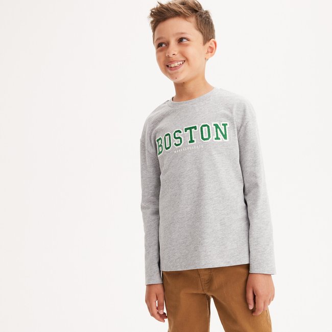 Cotton Mix Slogan T-Shirt with Long Sleeves, grey marl, LA REDOUTE COLLECTIONS