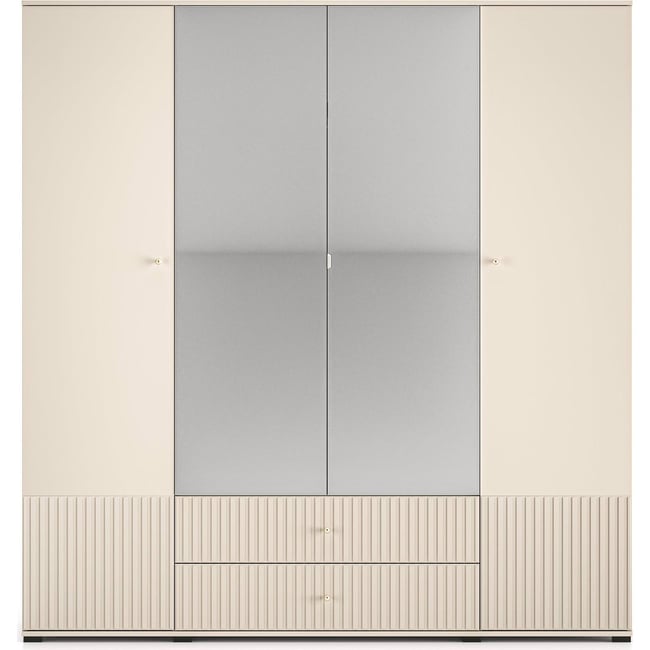 Armoire CALETTO à miroir et portes rainurées Couleur cachemire beige avec poignées dorées <span itemprop=