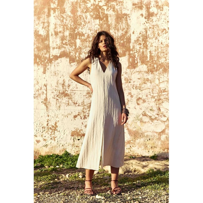 Robe sans manches midi col V, ROSANNA ecru <span itemprop=