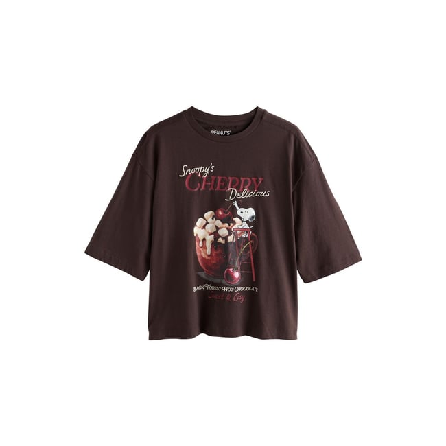 T-shirt ras du cou à manches 3/4 licence snoopy marron <span itemprop=