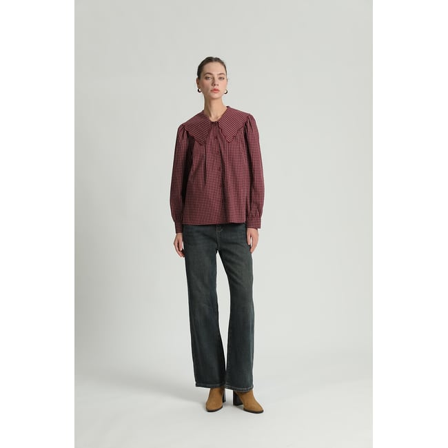 Chemisier à carreaux, col claudine bordeaux <span itemprop=