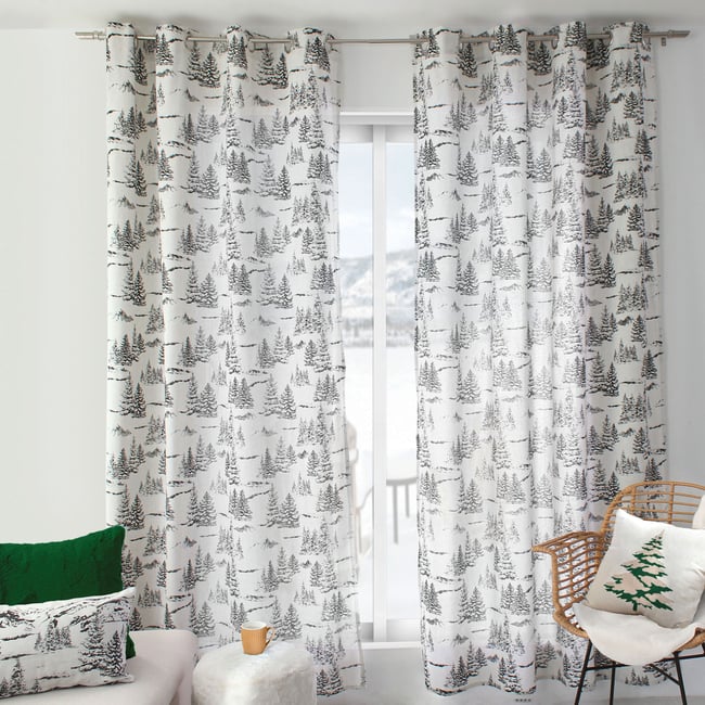 Rideau imprimé montagne en coton recyclé gris anthracite <span itemprop=