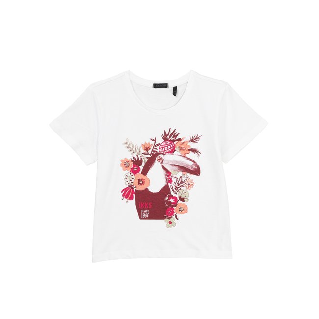 T-shirt coton bio toucan-fleurs blanc cassé <span itemprop=