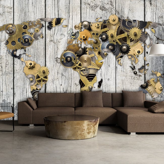 Papier peint intissé panoramique Carte du monde Mechanical World Couleur gris / argent <span itemprop=