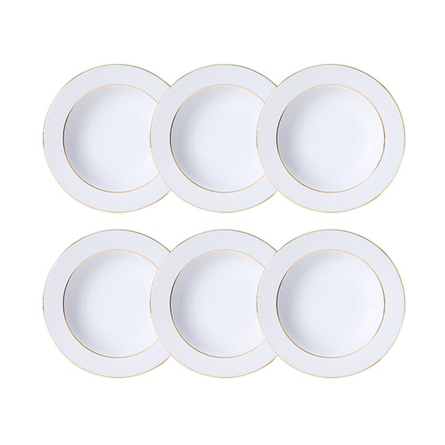 Lot de 6 assiettes creuses 22,5cm en porcelaine, CLASSIC FILET OR Couleur blanc et or <span itemprop=