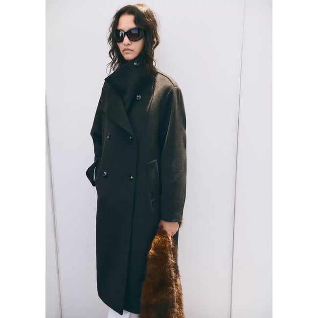 Manteau en laine à col cheminée chocolat <span itemprop=
