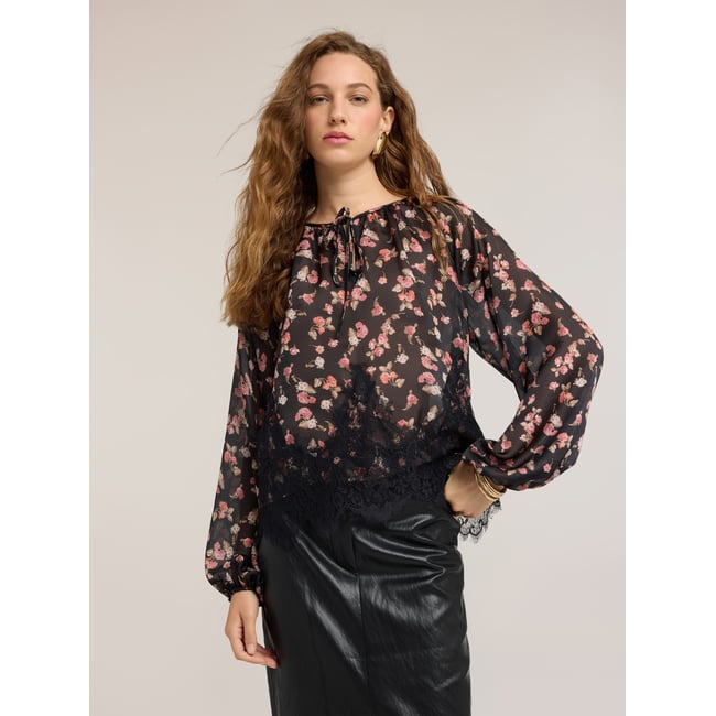 Blouse avec imprimé fleuri et dentelle noir <span itemprop=
