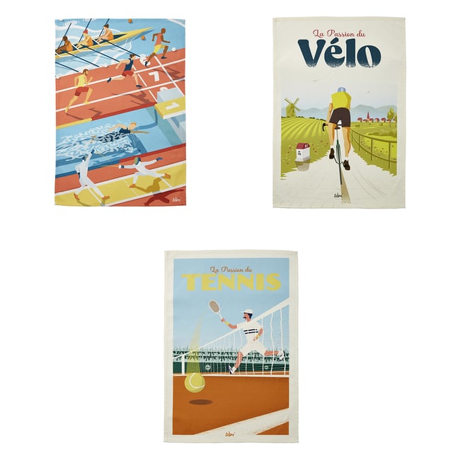 Lot de 3 torchons imprimés en coton, WIM' PASSION SPORT mulitcolore <span itemprop=