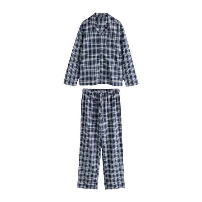 Pyjama boutonné à carreaux et manches longues bleu marine <span itemprop=