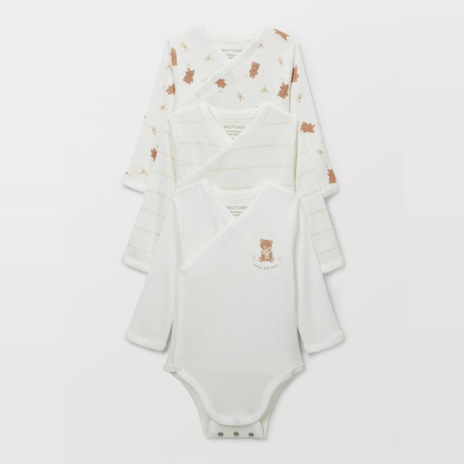 Lot de 3 bodies croisés manches longues uni en coton BIO GOTS ecru <span itemprop=