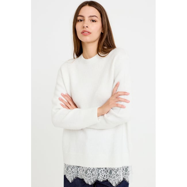 Pull manches longues avec dentelle ecru <span itemprop=