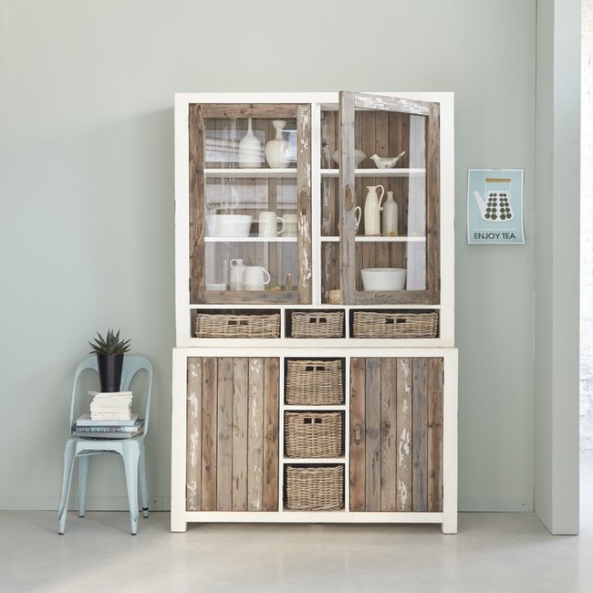 Vaisselier en pin recyclé massif  HONFLEUR Couleur blanc <span itemprop=
