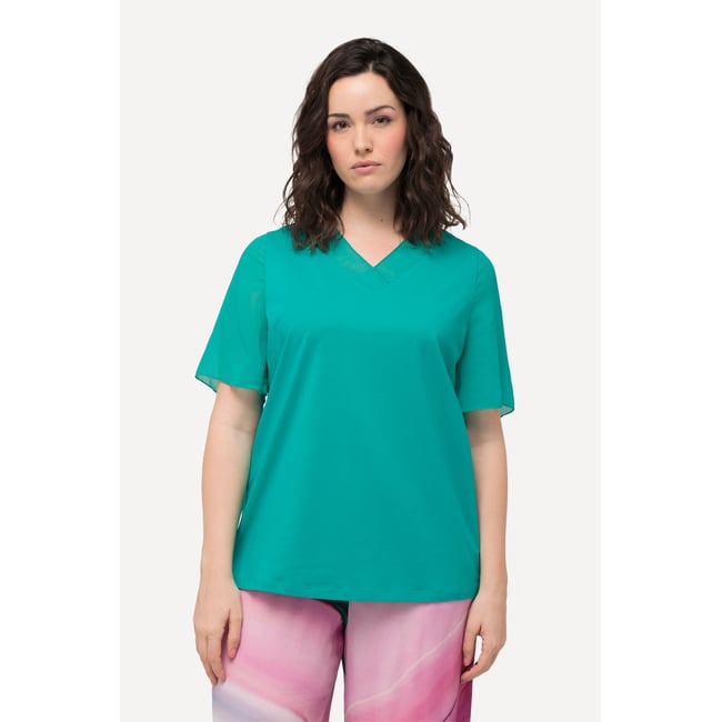 T-shirt manches courtes. Mousseline bleu turquoise <span itemprop=