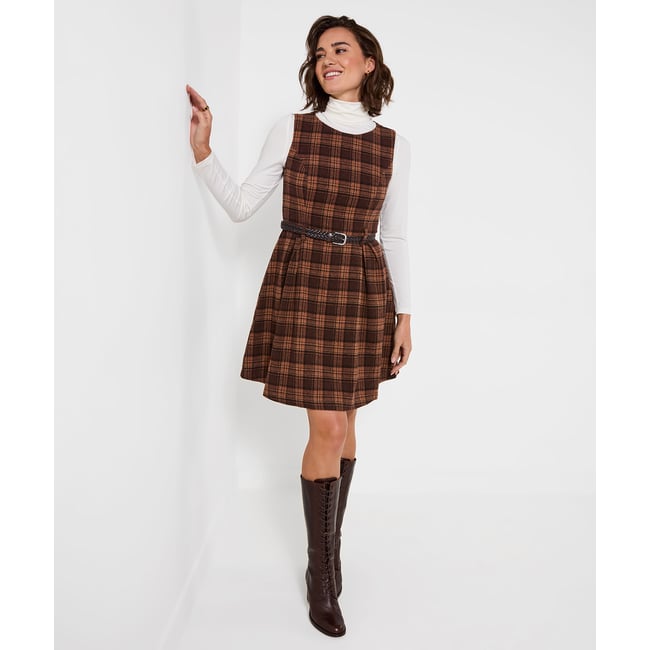 Robe Courte à Carreaux Ceinturée Tradition marron <span itemprop=
