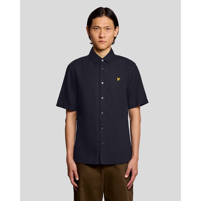 Chemise manches courtes en mélange de lin bleu foncé marine <span itemprop=