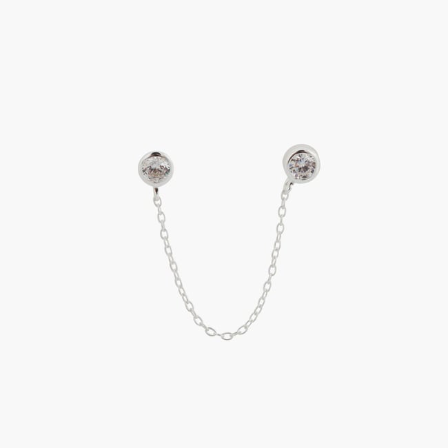 Bijoux d'oreilles 2 puces et chaine - zircon et argent 925 argenté <span itemprop=