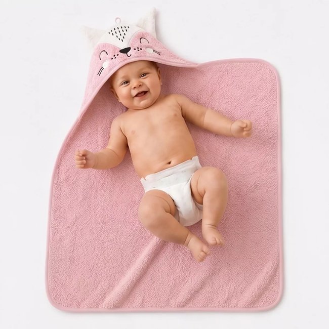 Cape de bain pur coton PETITE RENARDE rose <span itemprop=