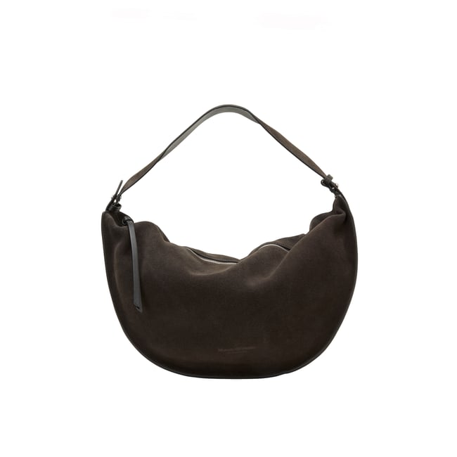 Sac à bandoulière modèle Aamu large en cuir velours souple marron foncé <span itemprop=