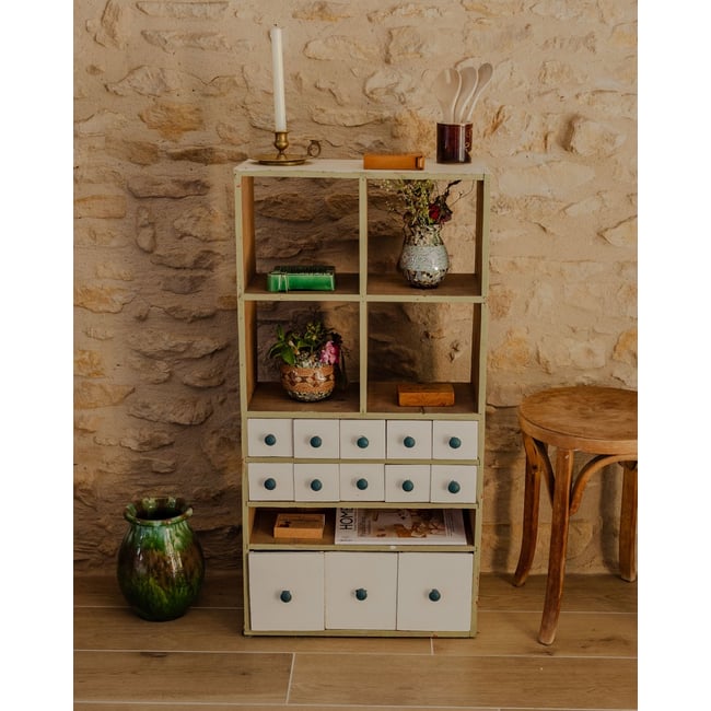 Petit meuble de métier en bois Fernand N°369 - Bon état Couleur blanc <span itemprop=