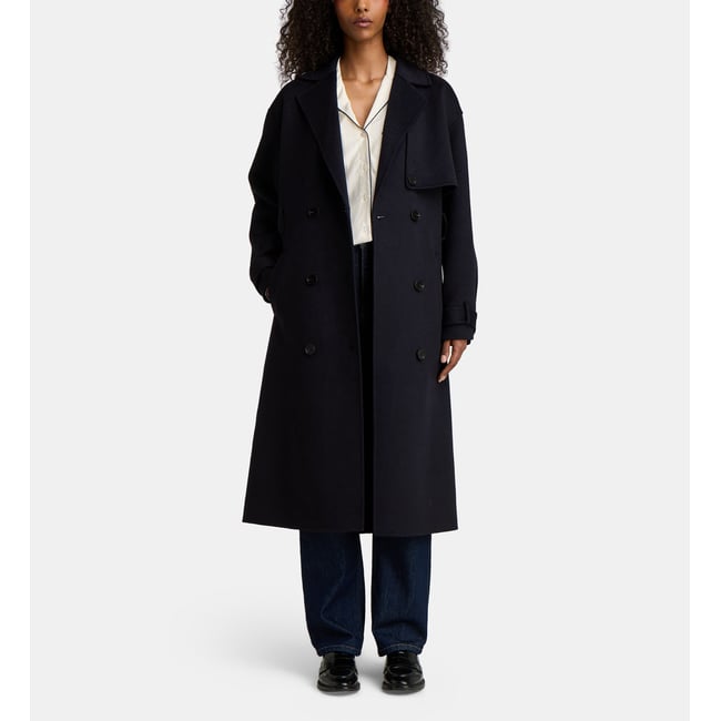 Manteau long levani laine recyclée mélangée bleu marine <span itemprop=