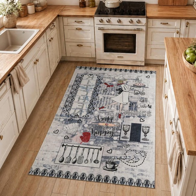 Tapis de cuisine, motif texte kilim tissé, lavable en machine LYN11 CHEF Couleur gris, noir, rouge <span itemprop=