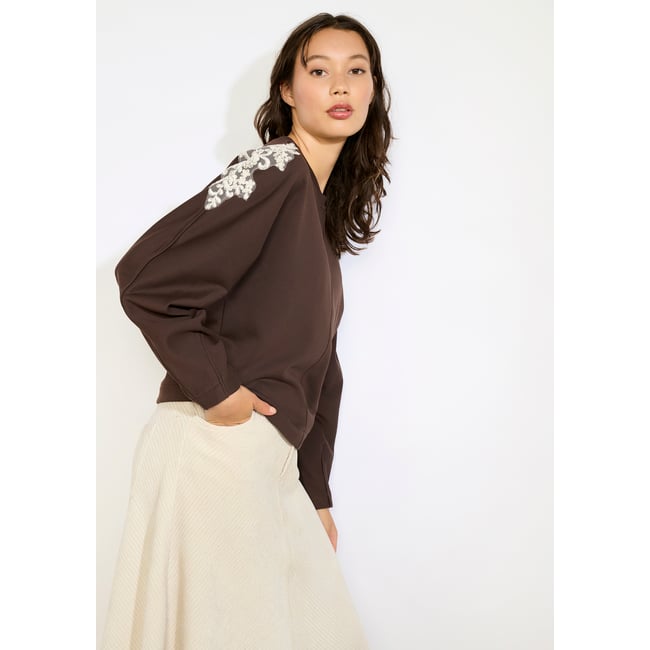 Sweat à détail en dentelle brun fonce chocolate <span itemprop=