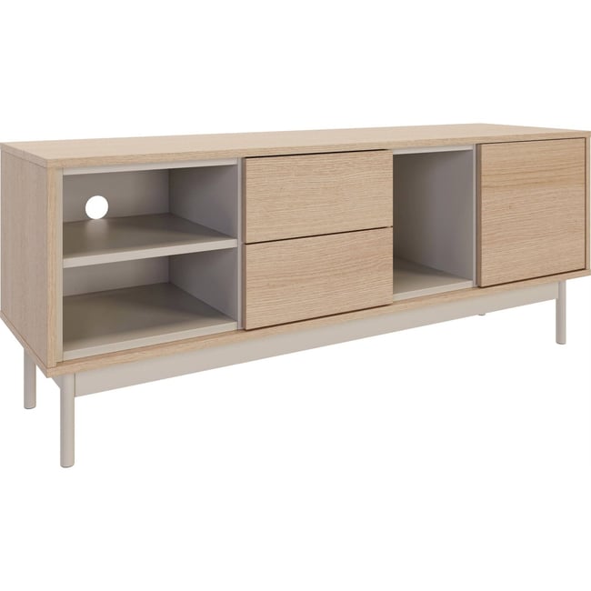 Meuble tv LAYEN 1 porte 2 tiroirs Couleur effet chêne lindberg et beige cachemire <span itemprop=