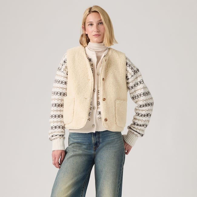 Veste sans manches sherpa ecru <span itemprop=