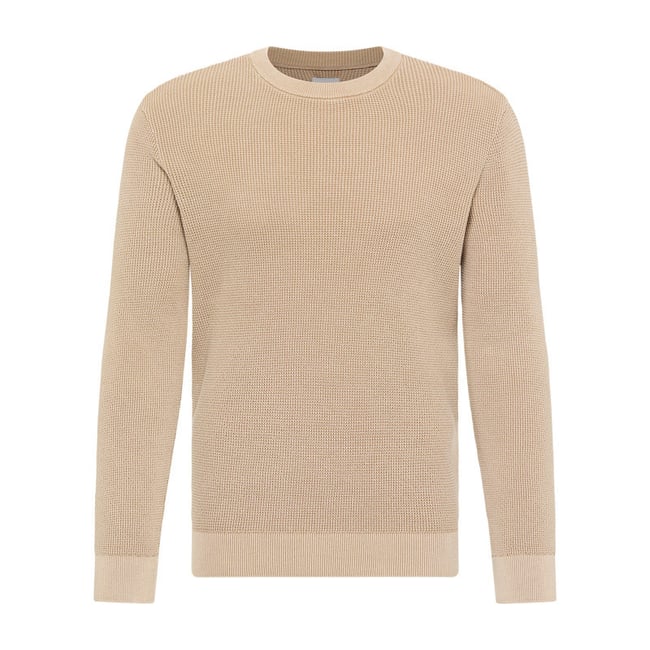 Pull en coton beige uni avec un col rond et des manches longues beige <span itemprop=