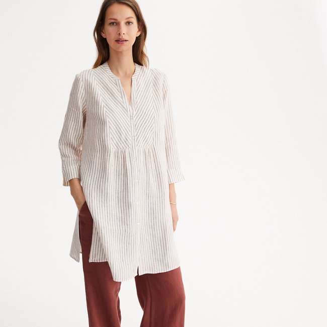 Linen Tunisian Collar Tunic with 3/4 Length Sleeves, brown stripes/ecru, ANNE WEYBURN