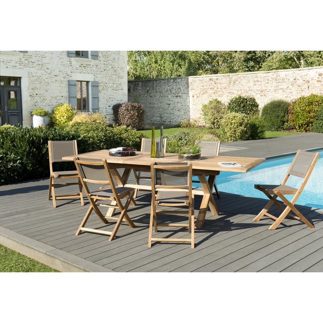 Salon de jardin bois de teck table de jardin extensible pieds tréteaux 180/240x100cm + 6 chaises pliantes textilène SUMMER bois naturel <span itemprop=