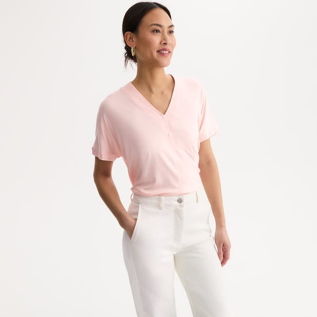 Camiseta de punto con cuello de pico y manga corta rosa  <span itemprop=