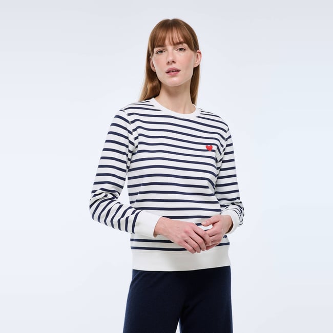 Sweat marinière avec broderie coeur en molleton blanc <span itemprop=