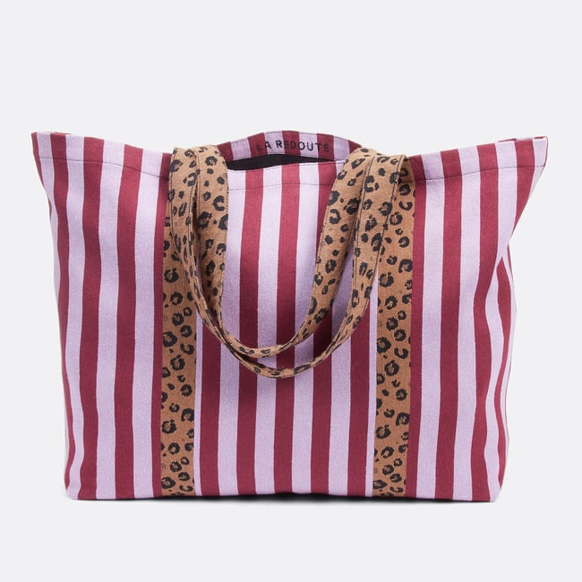 Tote bag rayé, anses imprimées léopard rayé bordeaux <span itemprop=