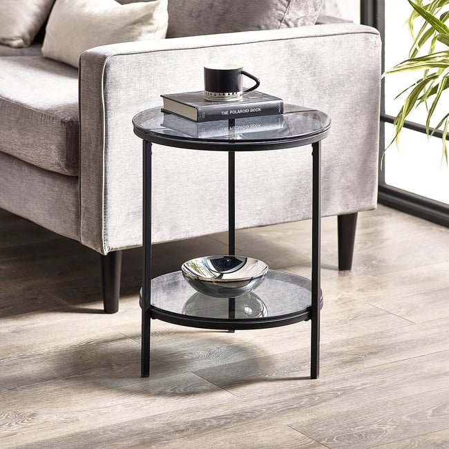 Dallas Smoked Glass Round Side Table with Shelf, smoky glass, SO'HOME