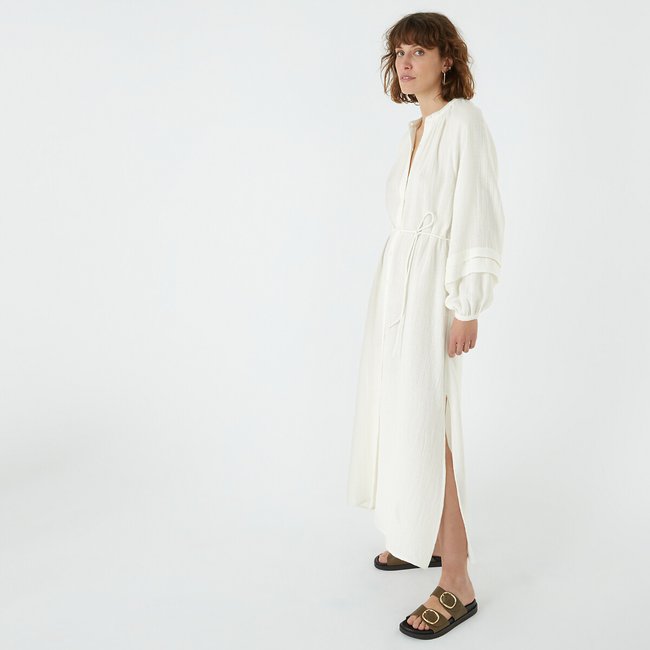 Robe longue en gaze de coton, manches bouffantes ivoire <span itemprop=