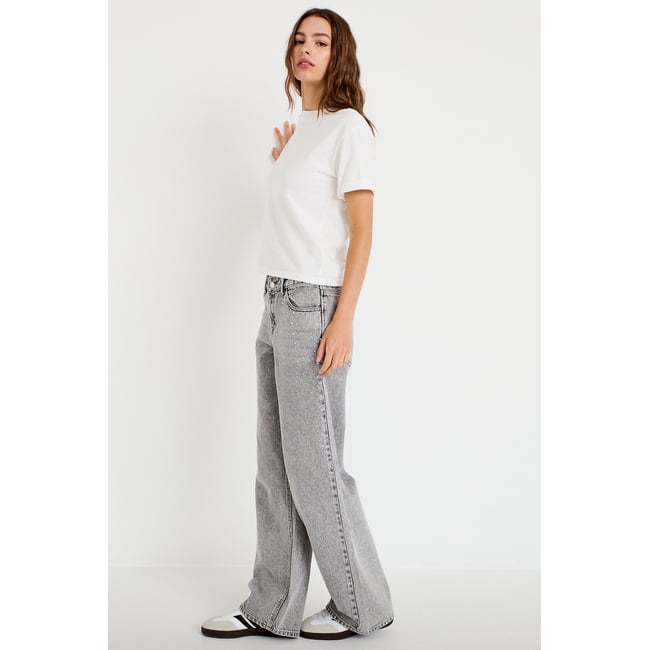 Jean wide leg taille basse strass denim gris <span itemprop=