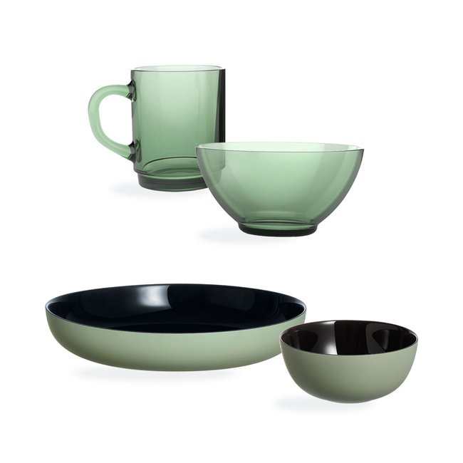 Set Petit-Déjeuner 16 pièces avec bols, mugs, assiettes et coupelles Couleur vert <span itemprop=