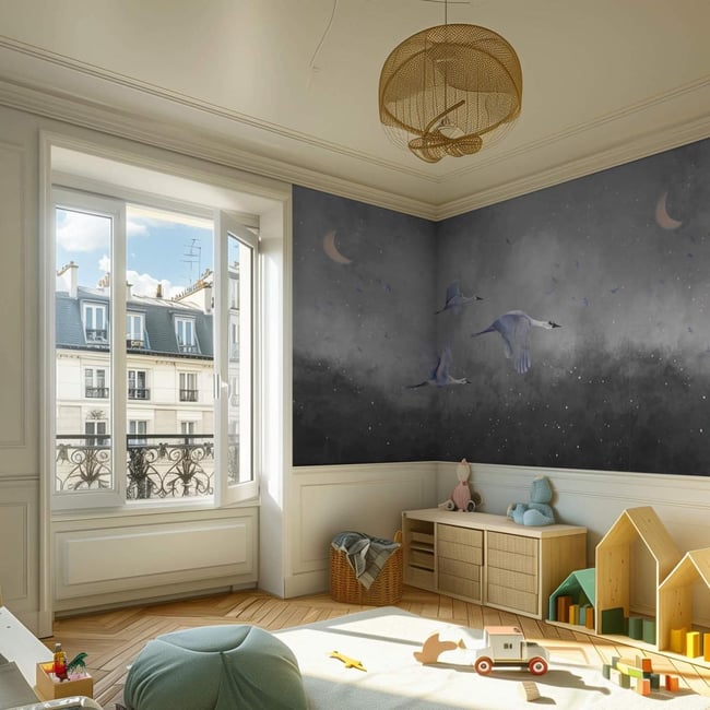 Papier peint panoramique avec ciels etoilés et oiseaux bleus - 85x260 cm (l x h) Couleur gris <span itemprop=