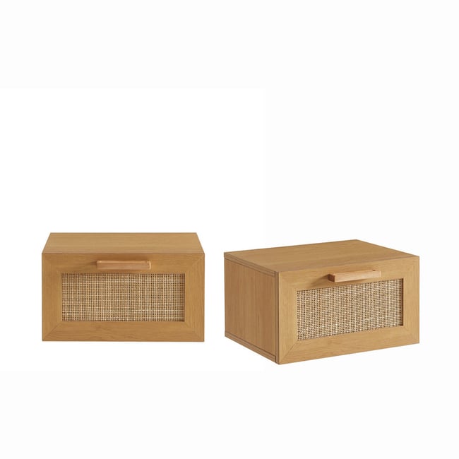 Lot de 2 tables de chevet murales avec rangement en bois et cannage- JUNE Couleur bois clair <span itemprop=