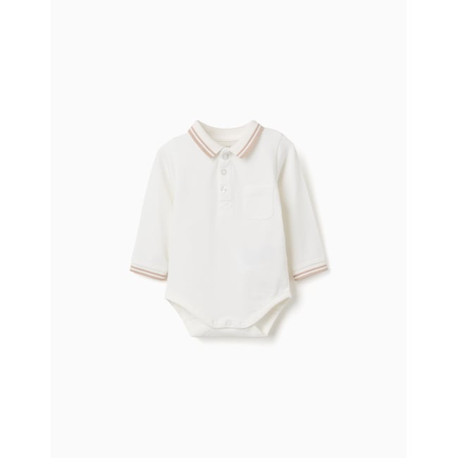 Body polo en coton à manches longues à rayures blanc <span itemprop=