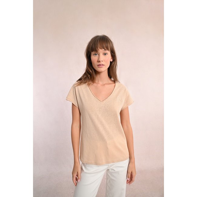 T-shirt manches courtes col V beige <span itemprop=