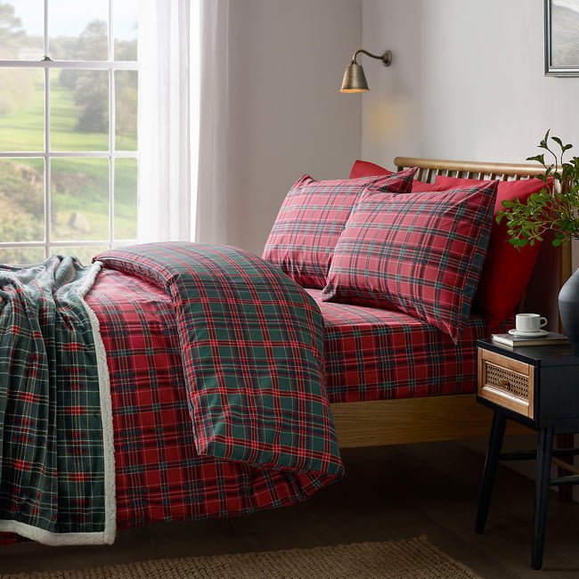 Tartan Check Reversible Duvet Cover and Pillowcase Set, red/green, CATHERINE LANSFIELD