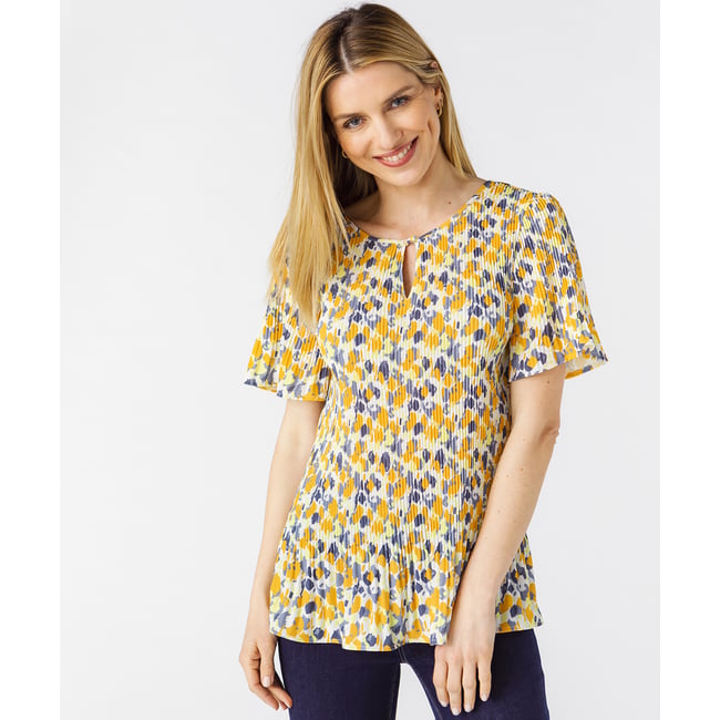 Top plissé en crêpe jaune imp. <span itemprop=