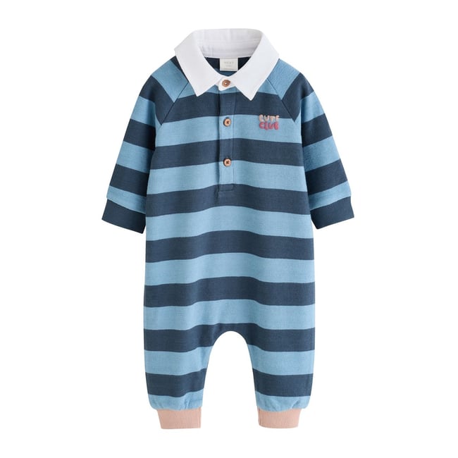 Barboteuse à col rugby en jersey pour bébé rayures bleues <span itemprop=