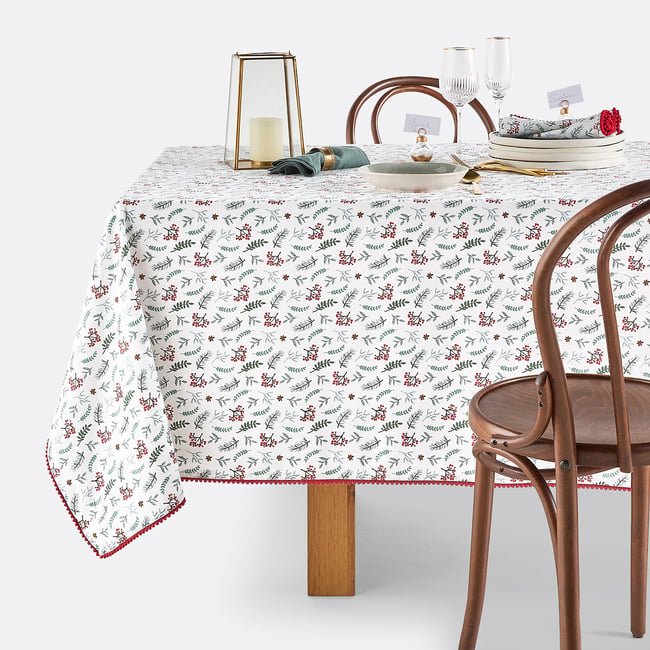 Nappe coton lavé, Winter berry fond blanc/imprimé <span itemprop=