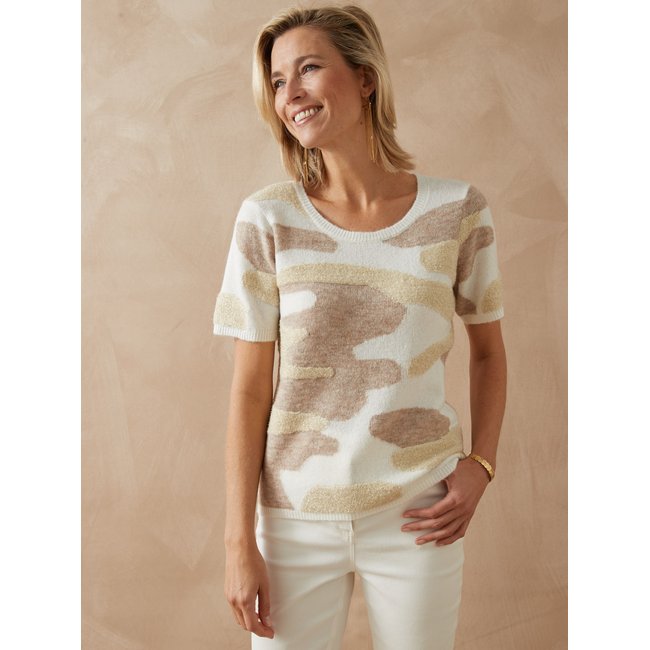 Pull jacquard intarsia manches courtes taupe <span itemprop=