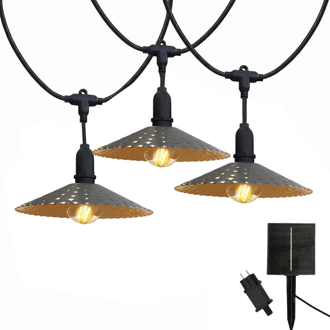 Guirlande lumineuse extérieur 10 abat-jour en acier style vintage MINI VINTY LIGHT HYBRID LED blanc chaud 6m solaire et sur secteur Couleur v002229 <span itemprop=
