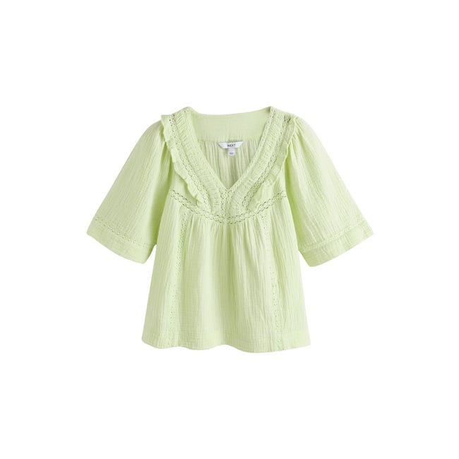 Chemisier en tissu double à col v et volants vert citron <span itemprop=